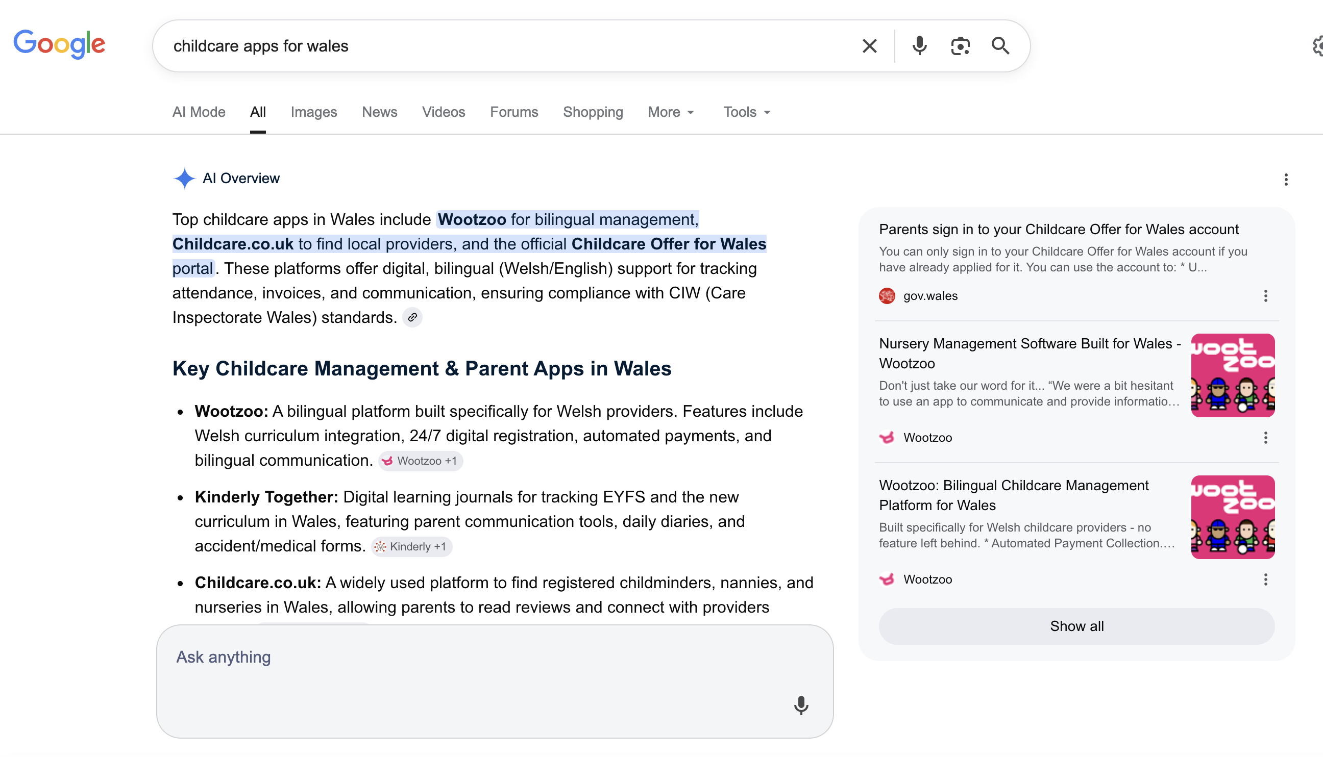 Google AI Overview featuring Wootzoo as the specialist Welsh childcare platform